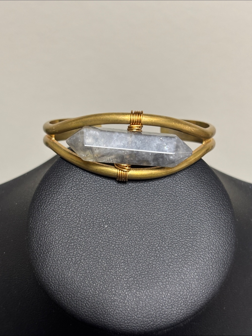 Smoky Quartz Crystal Cuff Bracelet Adjustable Brass Bangle